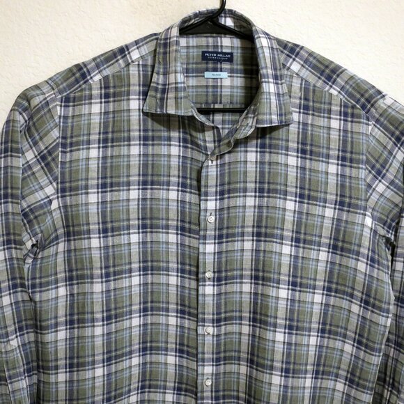 Peter Millar Shirt Mens XL Long Sleeve Button Linen Crown Crafted Gray Blue - Picture 1 of 6